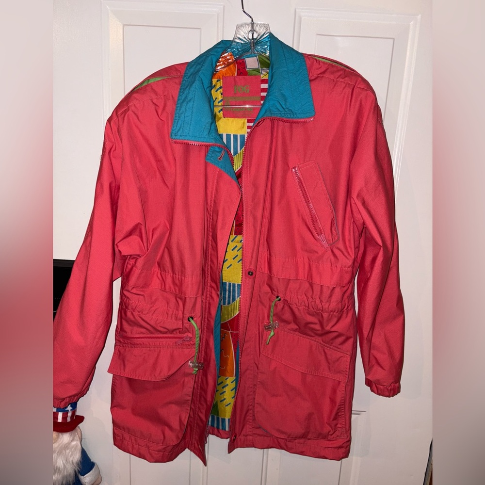 London Fog Women's Red Windbreaker with Teal Accents